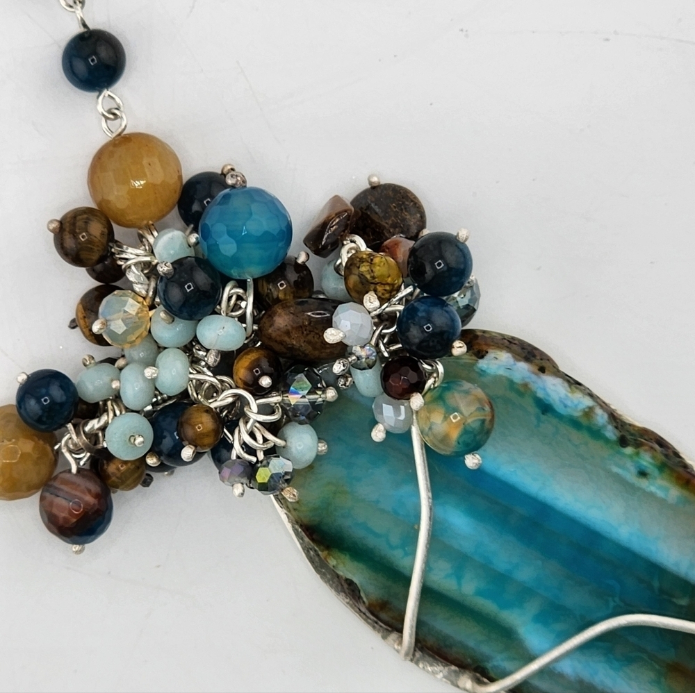 AGATE, AMAZONITE & TIGERS EYE GENUINE GEMSTONE NECKLACE HANDMADE STERLING SILVER - Picture 6 of 14